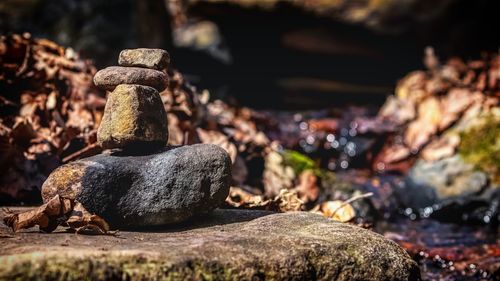 Close-up of stone stack on rock