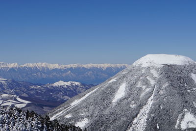 Scenic view of snow mountains against clear blue sky