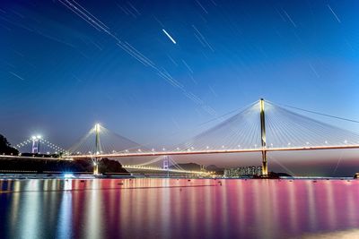 Illuminated bridge over river at night