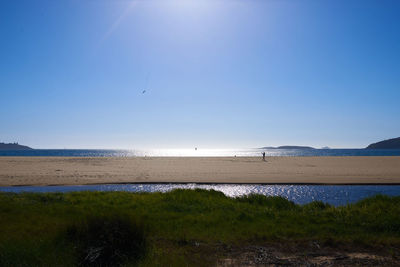 Scenic view of sea against clear blue sky