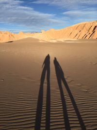 Shadow of people on sand in desert against sky