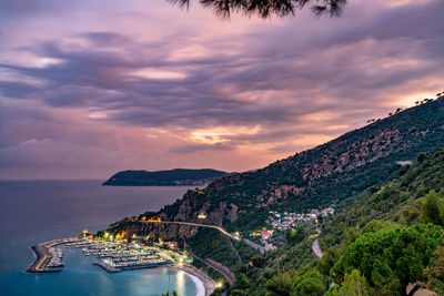 Aerial view of sea against sky during sunset