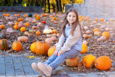 A girl sits near the pumpkin harvest. harvest season.