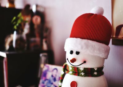 Close-up of snowman toy at home during christmas