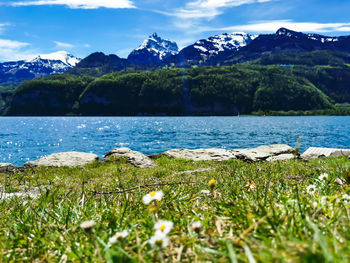 Scenic view of lake and mountains against sky