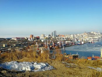 Winter cityscape with golden horn bay