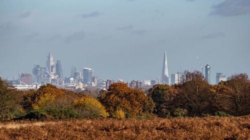 View of trees and buildings against sky