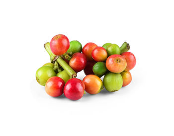 High angle view of strawberries on white background