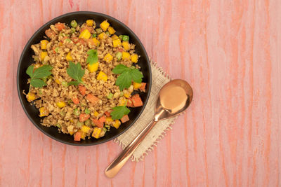 Directly above shot of food in bowl on table