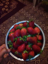 High angle view of strawberries in bowl