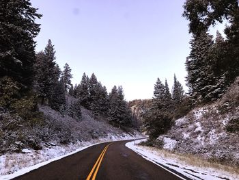 Road amidst trees against clear sky during winter