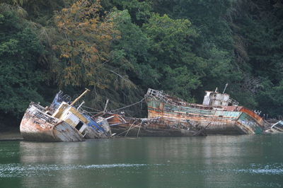 View of abandoned ship in sea