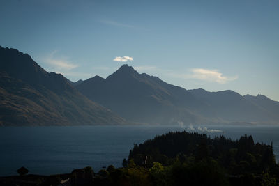 Scenic view of sea and mountains against sky