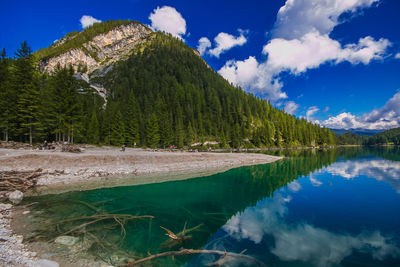 Wonderful view of the famous braies lake in south tyrol, alto adige