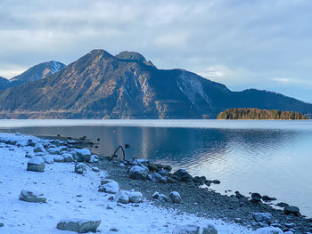 Scenic view of lake walchensee with island sassau  by bavarian mountains against sky