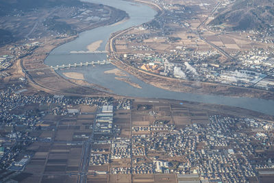 High angle view of buildings in city