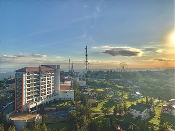 High angle view of townscape against sky at sunset
