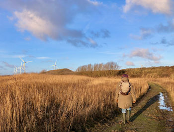 Rear view of a woman walking towards wind turbines through wetlands at dawn