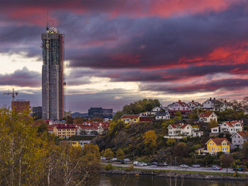 Buildings in city against cloudy sky