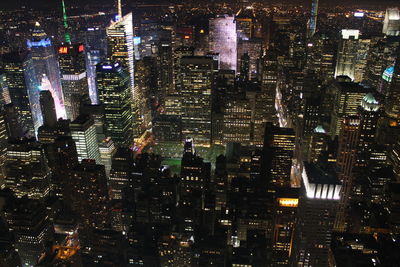 High angle view of illuminated modern buildings