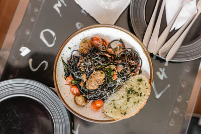 High angle view of food in plate on table