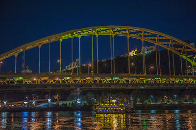 Illuminated bridge over river against clear sky at night