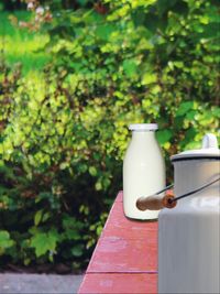 Close-up of white wine on bottle