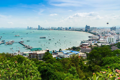 High angle view of cityscape by sea against sky