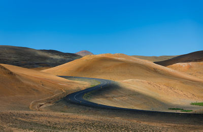 Scenic view of desert against clear blue sky