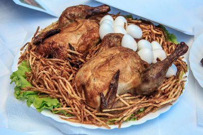 High angle view of meat in plate