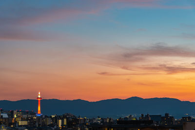 Buildings in city at sunset