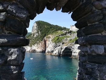 Scenic view of sea seen through cave