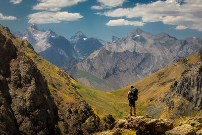 Hiking towards to huge mountains