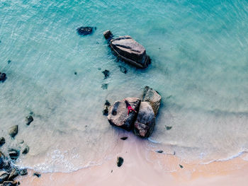 High angle view of young woman lying on rock formation at beach