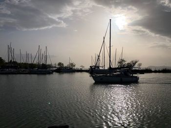 Sailboats in marina at harbor against sky