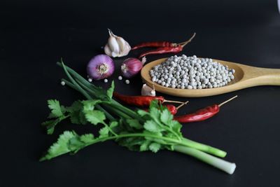 Close-up of chili pepper against black background