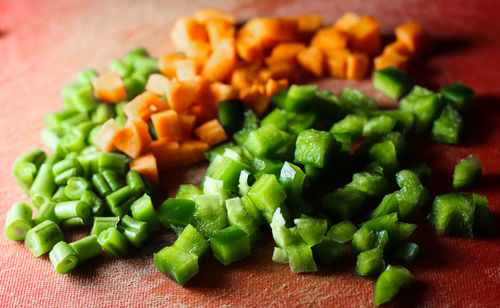 Close-up of chopped vegetables on table