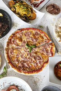 High angle view of pizza on table