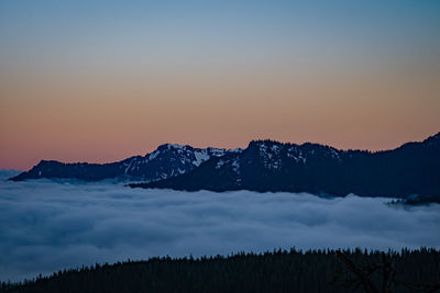 Scenic view of snowcapped mountains against sky during sunset