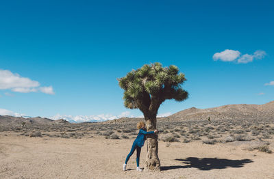 Woman hugging tree in desert against blue sky