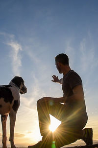 Low angle view of man and dog against sky