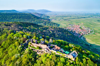 High angle view of trees and houses against sky