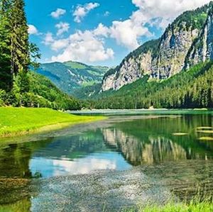 Scenic view of lake with mountains in background