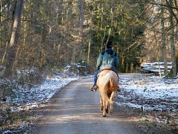 Rear view of man with dog running on road in winter