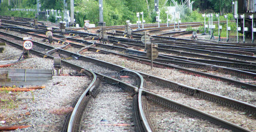 High angle view of train at railroad station