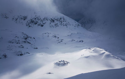 Aerial view of snowcapped mountains against sky