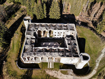 High angle view of old ruin on field