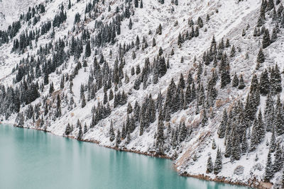 Panoramic view of lake and mountains during winter