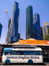 Low angle view of modern buildings against clear sky