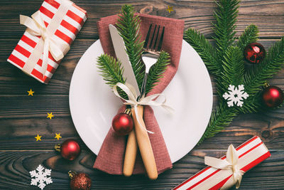 Directly above shot of christmas decorations on table